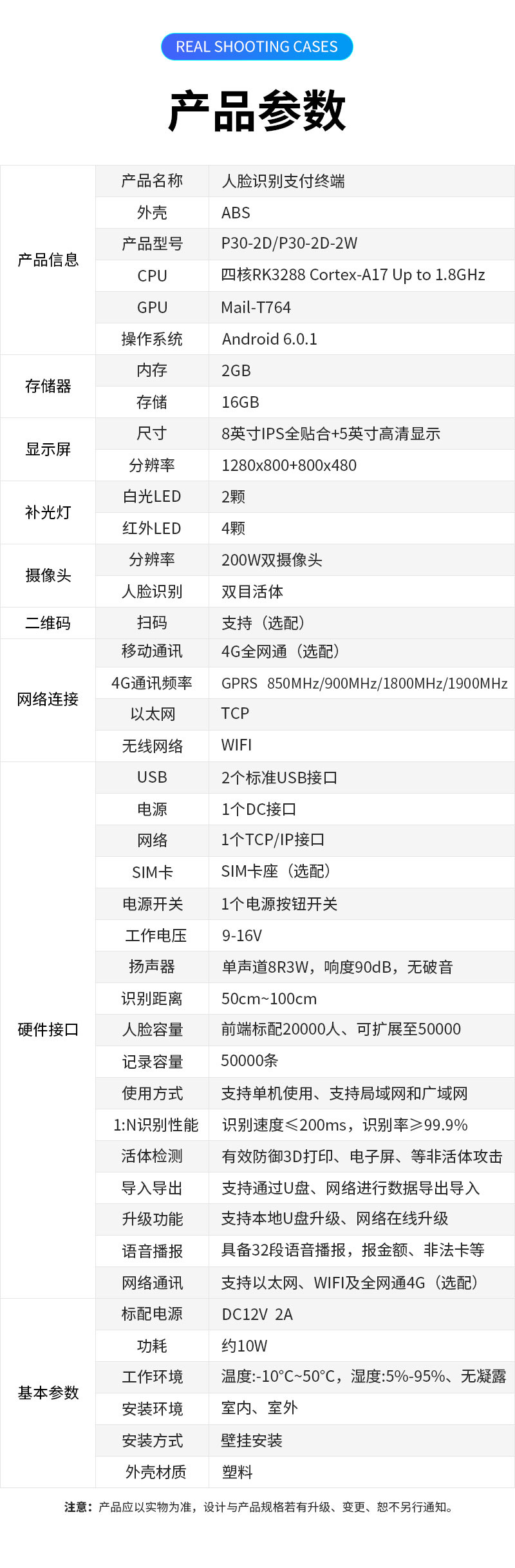 产品参数,产品名称：人脸识别支付终端,外壳：ABS塑料,产品型号：P30-2D/P30-2D-2W,CPU：四核RK3288 Cortex-A17 Up to 1.8GHz,GPU：Mail-T764,操作系统：Android 6.0.1,内存：2GB,存储：16GB,显示屏尺寸：8英寸IPS全贴合＋5英寸高清显示,分辨率：1280×800＋800×480,补光灯:白光LED2颗,红外LED	4颗,摄像头分辨率：200W双目摄像头,人脸识别：双目活体，二维码：扫码支持（选配）,网络连接移动通讯：4G全网通（选配）,4G通讯频率：GPRS 850MHz /900MHz /1800MHz /1900MHz,以太网：TCP,无线网络：WIFI,硬件接口USB：2个标准USB接口,电源：1个DC接口,网络：1个TCP/IP接口,SIM卡:SIM卡座（选配）,电源开关：1个电源按钮开关,工作电压：9-16V,扬声器：单声道8R3W，响度90dB，无破音,识别距离：50cm～100cm ,人脸容量：前端标配20000人、可扩展至50000，支持超大容量后端识别,记录容量：50000条,使用方式：支持单机使用、支持局域网和广域网,1:N识别性能：识别速度≤200mS，识别率≥99.9%,活体检测：有效防御3D打印、电子屏、视频、图片、面具等非活体攻击,导入导出：支持通过U盘、网络进行数据及参数导入导出,升级功能：支持本地U盘升级、网络在线升级,语音播报：具备32段语音播报，报金额，报限次，报非法卡等,网络通讯：支持以太网、WIFI及全网通4G（选配）, 基本参数标配电源：DC12V 2A,功耗：约10W,工作环境：温度：-10℃～50℃，湿度：5％-95％、无凝露,安装环境：室内、室外,安装方式：壁挂安装,外壳材质：塑料,注意：产品应以实物为准，设计与产品规格若有升级、变更，恕不另行通知。