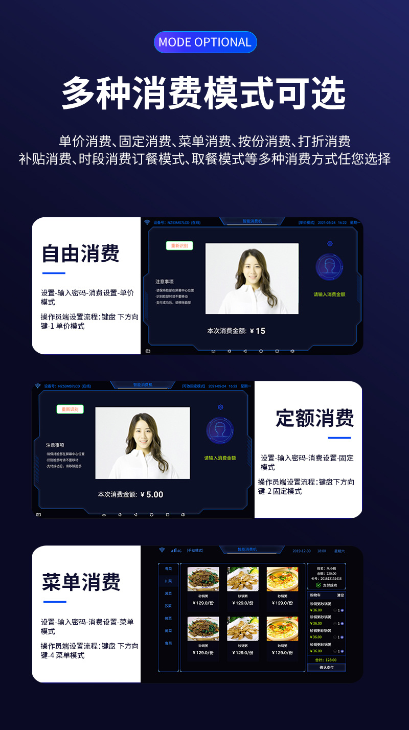 多种消费模式，单价消费、固定消费、菜单消费、按份消费、打折消费